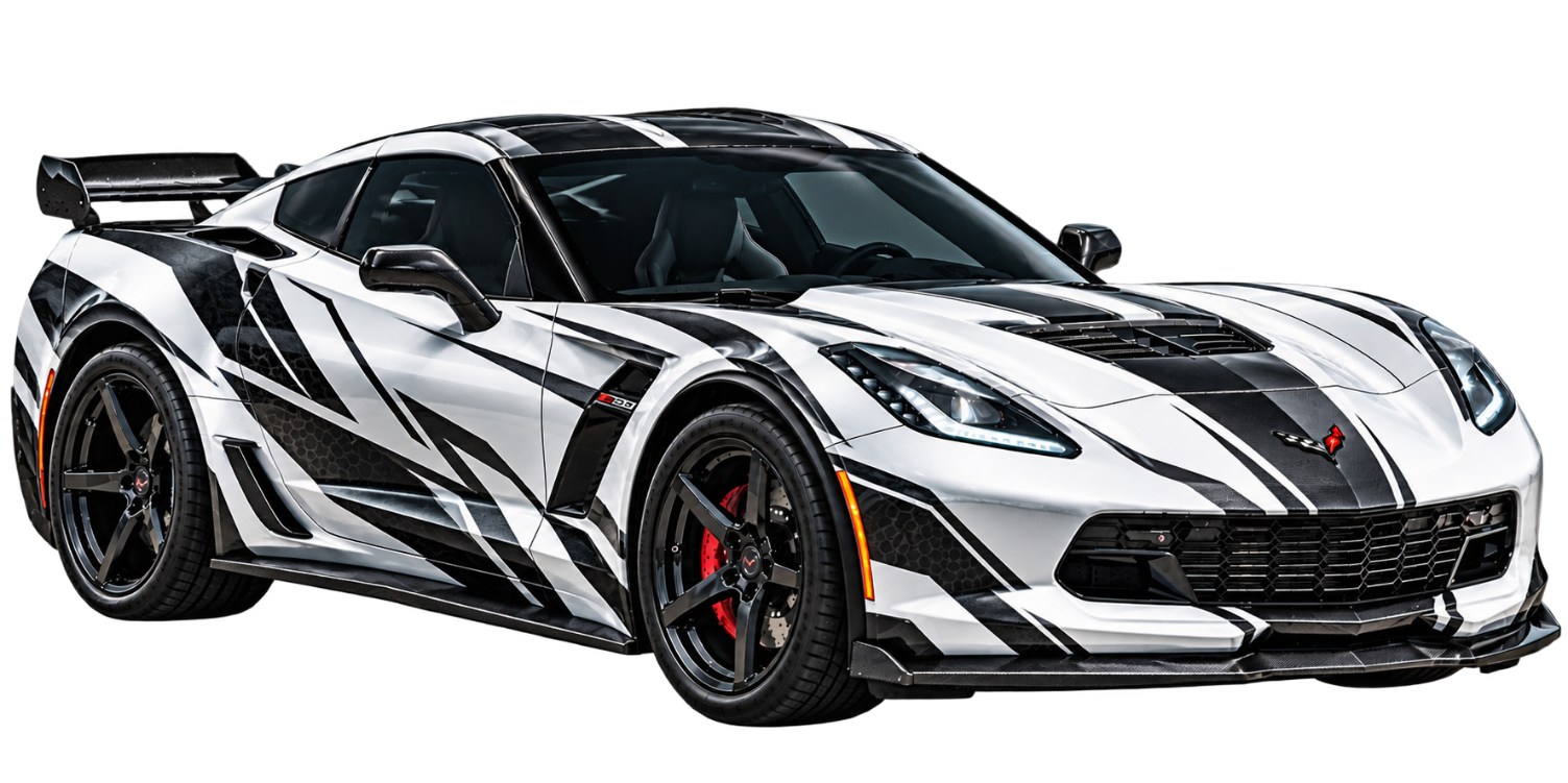 Chevrolet Corvette Z06 featuring a custom black and white geometric vinyl wrap