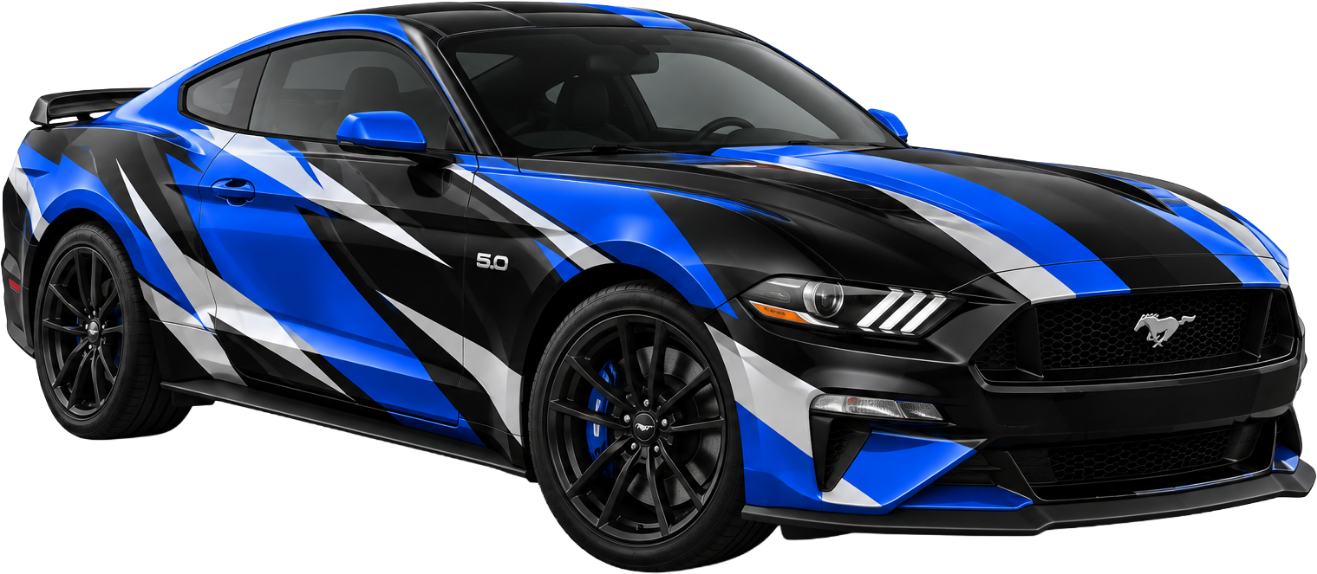 Ford Mustang 5.0 with custom blue and black graphic vinyl wrap