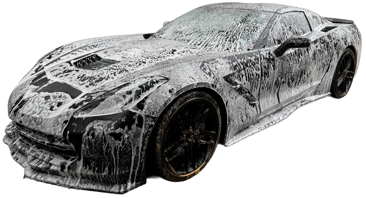 Sports car covered in active foam during a mobile detailing service